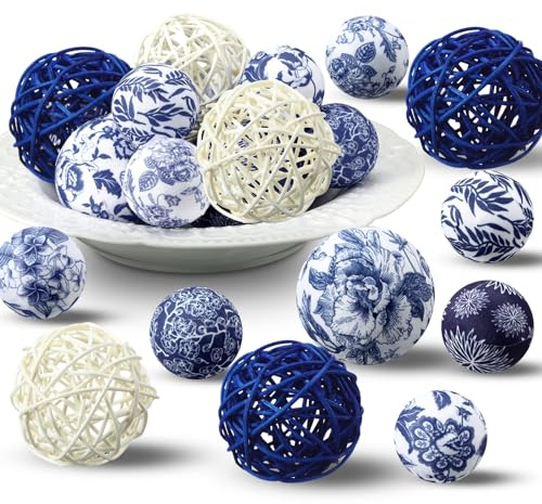 Halloscume 36 Pcs Blue and White Decorative Balls Chinoiserie Orbs Decoration for Centerpiece Bowls 2.4 Inch Wicker Rattan Balls 1.57 Inch Spheres Gifts for Xmas Party Farmhouse Vases Home Table Decor