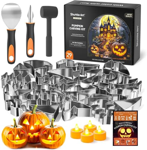Shuttle Art 29PCS Pumpkin Carving Kit, 22 Stainless Steel Stencils, 4 Electronic Candles, 3 Carving Tools, Halloween DIY