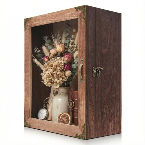 KAASTHAA Shadow Box Frame 11x13, Depth 5in Shadow Boxes Display Cases, Rustic Burnt Wood, Vintage Metal Accents, Acrylic Door, Metal Handle and Latch, Linen Back