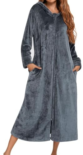 Rrongwn Peignoir long à fermeture éclair pour femme - En flanelle polaire - Manteau d'hiver chaud - Chemise de nuit - Pyjama en flanelle - Vêtement de nuit - Velours éponge - Peignoir de luxe, gris,