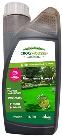 VINDI JARDIN - CROQ'MOUSSE des gazons – Engrais liquide organo-minéral 3 en 1 – Pelouse « sans mousse/+verte/+dense » - bidon 1L – Traitement pour 100m2 – Fabrication Française.