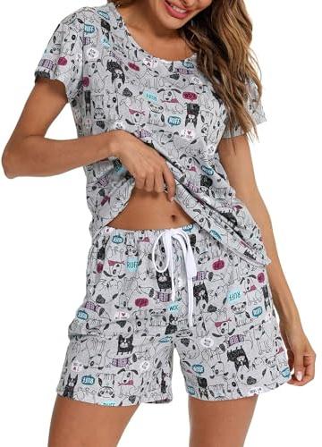 MIA LUCCE Pijama corto para mujer de algodón, ropa de dormir, conjunto de dos piezas, pijama de verano para mujer, conjunto de casa, estampados dulces, camiseta y pantalón corto de dormir, camiseta