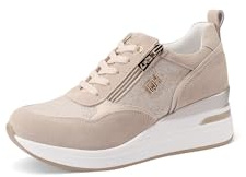 QUEEN HELENA Sneakers in Vera Pelle con Zeppa Scarpe da Ginnastica Alte Casual Donna QH9009 (Beige, Sistema Taglie Calzature EU, Adulto, Donna, Numero, Media, 40)