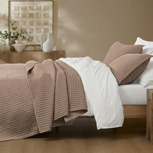 Wonderful 100% Cotton Jersey Knit Quilt Set - Breathable & Hypoallergenic Lightweight Mocha Brown Quilt King, 3 Piece Rice Stitched All-Season Use Blanket Bedspread & Coverlet Bedding Set, 104x94