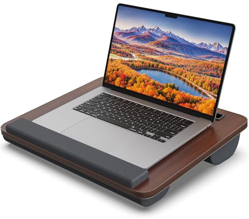 HETTHI Portable Lap Desk, Laptop Stand for Bed with Soft Wrist Rest, Tablet/Phone Slot, Fabric Handle, Laptop Bed Table with Cushion (Dark Brown)