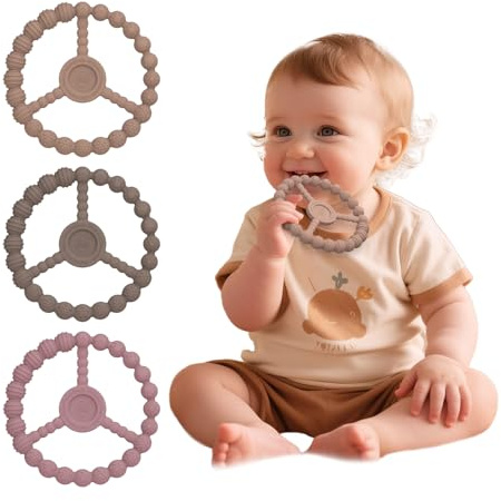 Baby Teething Rings 3-6 Months, 3 Pack Silicone Ring Teether Toys for Babies 0-6 & 6-12 Months Chewing Relief, Freezable & Easy Grip, Infant Essentials, Boys & Girls Gifts (Clay DustyRose Brown)