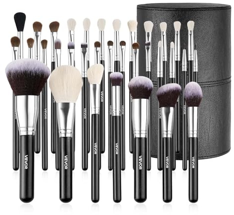 VEVOR Juego de 34 Brochas de Maquillaje Profesional a Base, Difuminar Sombras de Ojos, Corrector y Rubor, con Cerdas Suaves, Mango Ergonómico de Madera y Estuche de Viaje Incluido, Color Negro