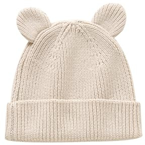 Hadetoto Cotton Baby Beanie Winter Knitted Hat with Bear Ear for Infant Toddler Boys Girls Soft Warm Skull Cap (US, Age, 0 Months, 6 Months, Beige)