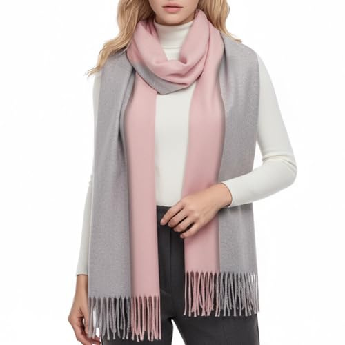 PFLife Bufanda de Lana para Mujer 200×70 cm Tacto de Cachemira Suave y Cálido Chal de Invierno Reversible con Flecos Caja de Regalo (Rosa)