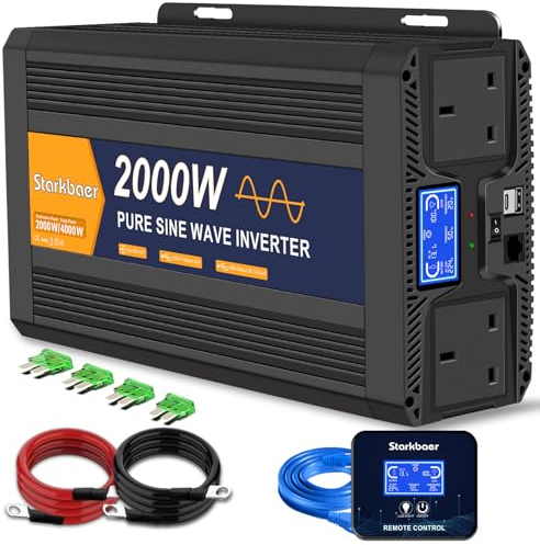 Starkbaer 2000W Pure Sine Wave Inverter, DC 12V to AC 240V Power Converter with 5m Remote Controller,LCD Display, 30W USB for RV, Camping, Emergency, Truck, Off-grid(2000W12V)