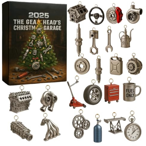 Calendario della Avvento 2025 con ricambi auto in miniatura, conto alla rovescia di 24 giorni per Natale con ricambi auto in miniatura in acrilico 2D e attrezzi per meccanici