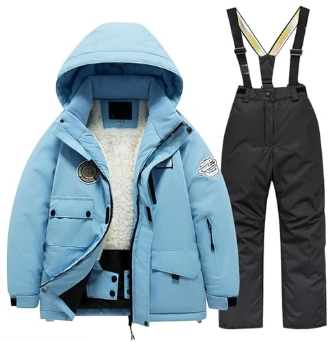 Generico Tuta Sci Bambino Completo Invernale Bambino 2 Pezzi Antivento e Impermeabile per Sci e Snowboard(e-Black, 10-12 Years)