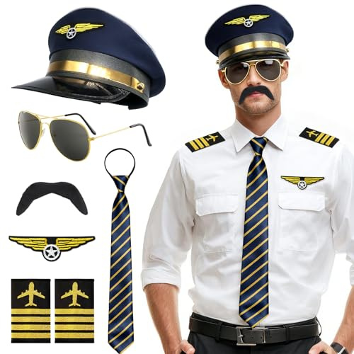 Disfraz de piloto para hombre y mujer, disfraz de capitán con gorro de piloto, gafas de piloto y charreteras (7 unidades), disfraz de carnaval para hombre y niño