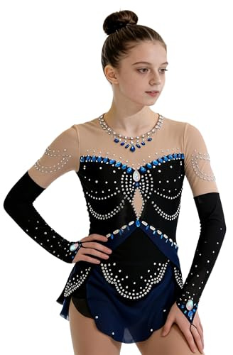 ROYAL SMEELA Robe De Patinage Artistique À Manches Longues for Filles, Robes De Compétition De Danse sur Glace avec Strass Enfant