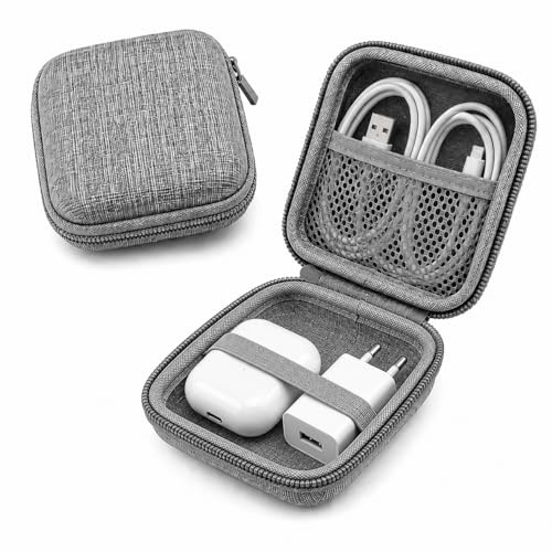 AEUXZA Bolsa de Cables Pequeña para Accesorios y USB – Organizador de Viaje Compacto (9x9x3,7cm), Estuche Rígido adecuado para Auriculares, Airpods y Objetos Pequeños, Gris