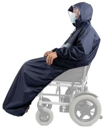 Waterproof Wheelchair Poncho with Sleeves, Hood, Navy Blue | Lightweight ripstop fabric, windproof rain cover, suitable for wheelchairs and mobility scooters, easy to carry