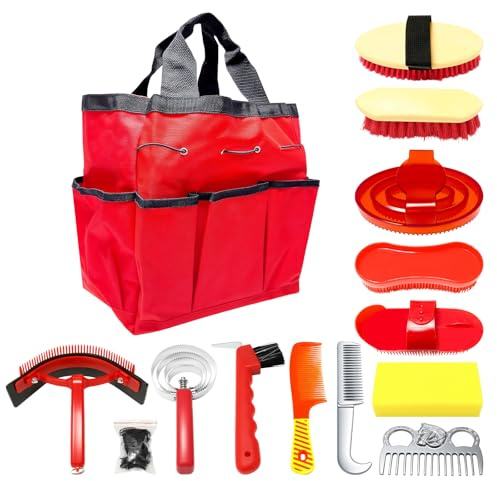 14PCS Horse Grooming Kit, Professional Brush Supplies Set for Bathing & Care, Mane Tail Curry Comb, Sweat Scraper Hoof Pick, Waterproof Storage Tote Bag for Shining, Detangling, Gifts for Riding Lover
