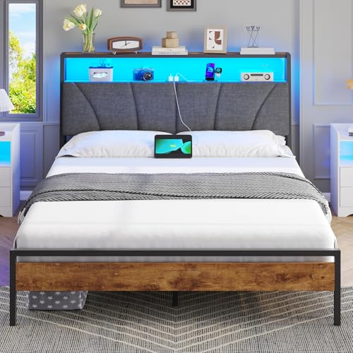 Brinlawb Double Bed Frame with Charging Station (2 AC Sockets, 1 USB‑A, 1 Type‑C Port) and LED Lights, 135x190 cm Stable Metal Bed Frame with Upholstered Headboard & 2-Tier Open Storage Shelves, Grey