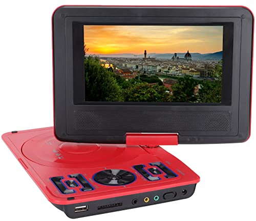 Topiky Reproductor De DVD Portátil, 6.8 Pulgadas HD/Rotación De 270 ° Reproductor De DVD TV Móvil para Niños/Receptor De Radio FM/Lector De Tarjetas/Juego, Batería Incorporada De 1500(UE-Rojo)