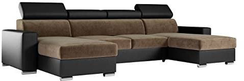 MKS MEBLE U-Form Wohnlandschaft Mit Schlaffunktion, XXL Sofa, Couch Mit Bettkasten - Fox U Hellbraun Schwarz Monolith