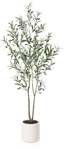 LOMANTO Artificial Olive Trees, 5 ft Tall Fake Olive Trees for Indoor, Faux Olive Silk Tree, Large Olive Plants with White Planter for Home Decor and Housewarming Gift, 1 Pack