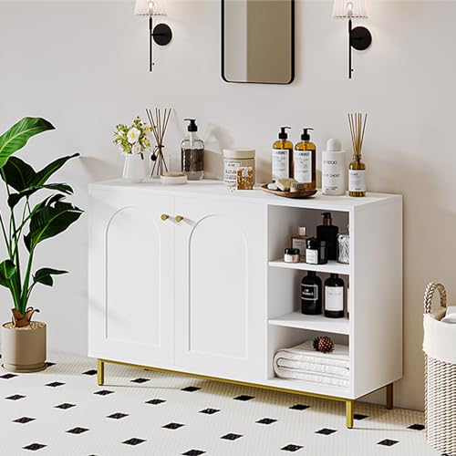 Hzuaneri Badezimmerschrank, Badschrank, Küchenschrank mit 2 Türen, Beistellschrank, Sideboard mit offenem Fach, Kommode, verstellbare Ablage, Badezimmer, 35 x 100 x 75 cm, Weiß-Gold SC10203G