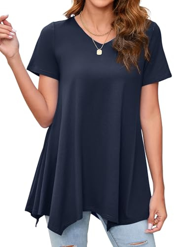 Enmain Donna Tunica Camicetta Blu Manica Corta Camicie Casual Estiva Scollo V Top Camicie Camicetta Longline Tinta Unita Magliette per Vacanze Primavera Estate,Blu Navy,3XL