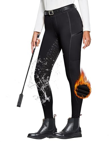 FitsT4 Sports Damen Winterreitleggings Fleece-Reithose Silikon Vollbesatz Reithose mit Reißverschluss-Taschen und Gürtelschlaufen,Schwarz,L