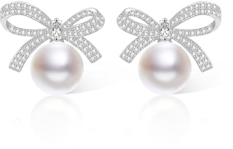 ALEXCARFT Pendientes Lazo Perla Plateado Circonita