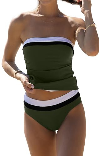 Beachsissi Maillot de bain bandeau pour femme - Sans bretelles - Contrôle du ventre - Tankini avec bloc de couleur