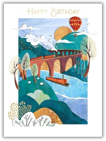 Carte d'anniversaire pour homme – Carte générale pour homme – Motif train artistique et bateau – Finition spéciale – Fabriqué au Royaume-Uni – Respectueux de l'environnement
