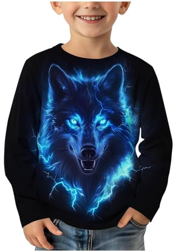 Jungen Langarmshirt Rundhals Tops Coole Bedrucktes T-Shirt Kinder Klamotten Kleidung Bekleidung Oberteile Basic Long Sleeve Top Mädchen Thermoshirt Baumwolle Schwarz, 9 Jahre