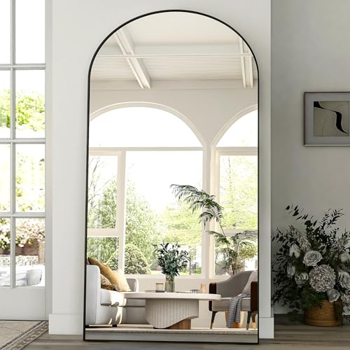 BEAUTYPEAK Arched Full Length Mirror, 218x102 cm Oversized Full Body Mirrors with Stand, Standing or Wall-Mounted Floor Mirror with Aluminum Alloy Frame for Bedroom, Living Room, Black