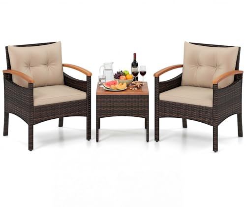 COSTWAY Salon de Jardin Exterieur 3 Pièces en Rotin PE, Ensemble de Meubles 2 Fauteuils Table Basse Plateau en Bois d'Acacia avec Coussin Amovible, pour Jardin Balcon Piscine (Jaune Terre)
