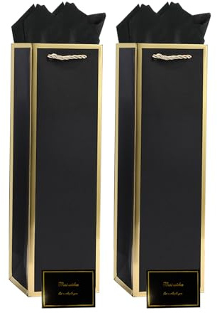 2 Pack Black Wine Gift Bags with Tissue Paper and Cards, Bottle Gift Bag with Handle Wine Tote Bag