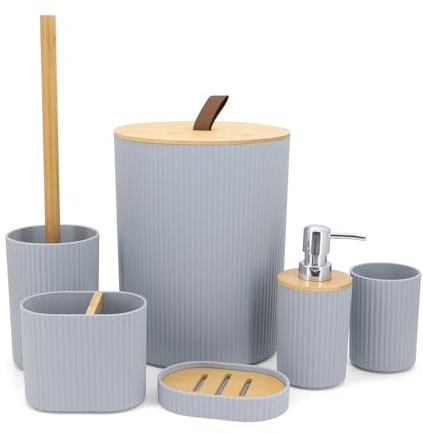 Yuhtech 6 delar badrumstillbehörsset, bambu badrumstillbehör, badrum nödvändighets-set, modern plast badset med tvåldispenser, tandborsthållare kopp, badrumskorg och toalettborste (grå)