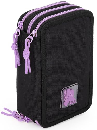 Julian Ross Stiloso Astuccio 3 Scomparti, 45 Pezzi, 2 Penne Gel Cancellabili, Colla, Forbici, Pastelli 4.0, 3 Zip, Bambina, Scuola e Regalo, Nero Viola