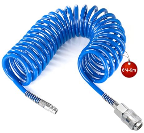 SRJQXH 9m Tubo Aria Compressa, Spirale Tubo Compressore, Diametro 6x4 mm Kit Compressore Aria, Blu, con Connettore, per Casa, Officina, Officina Meccanica