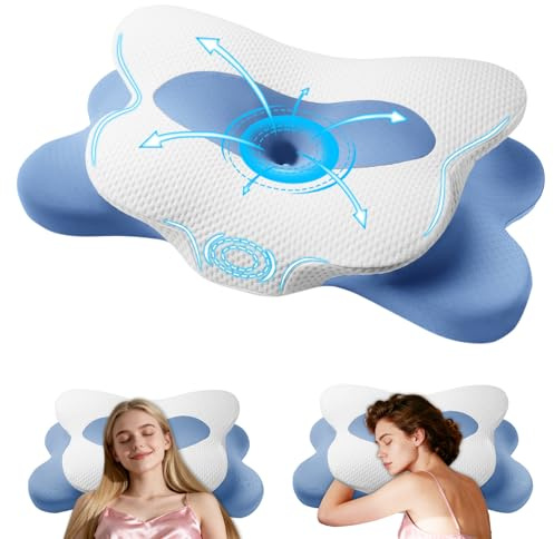 ALLFYL Cuscino Cervicale Memory Foam a Doppia Altezza, Cuscino Ortopedico Ergonomico per Dolori a Collo e Spalle, Cuscino Supporto Cervicale (Blu)