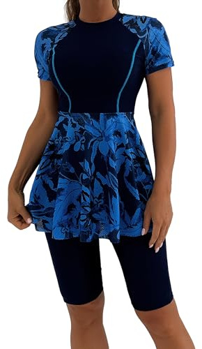 Odizli Swim Dresses Women Short Sleeve Swimdress Ladies Swimming Costume with Shorts Skirt Two Piece Tummy Control Skirted Swimsuit Summer Modest Swimwear Burkini Bathing Suit Beachwear Blue L