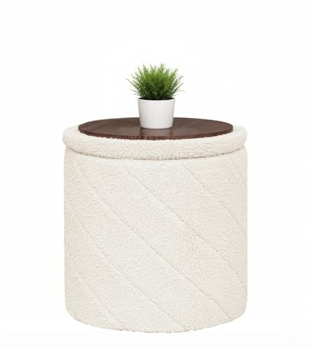 Bonlife Round Ottoman Stool with Storage, Folding Footstool with Lid,Boucle Vanity Stool for Living Room,Bedroom,Entryway,Cream,33x33x35cm