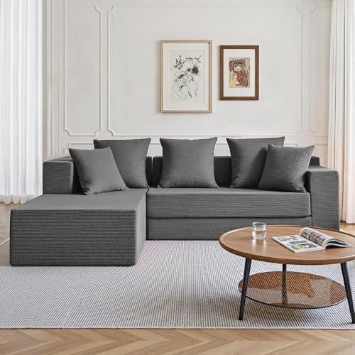 YINIX Boneless molnsoffa L-formad med sovfunktion, modulär hörnsoffa i manchester för små lägenheter, 3-sitsig bäddsoffa vikbar med djup sits, inkl. kuddar, 235 cm (grå)