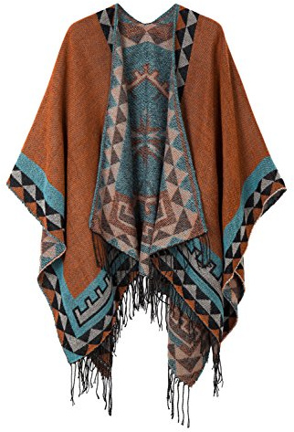 Urban GoCo Mujer Poncho Cárdigan de Punto Capa Gran Tamaño Estampado Étnico Chal Bufanda Manta con Borlas (#5 Naranja)