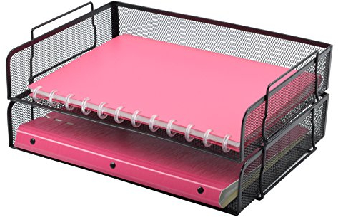 EASEPRES 2 Pack Stackable Desk Paper Tray, Metal Mesh Desktop Document Letter File Organizer for Office Home School, 13.5'' L x 9.75'' W x 5.5'' H, Black