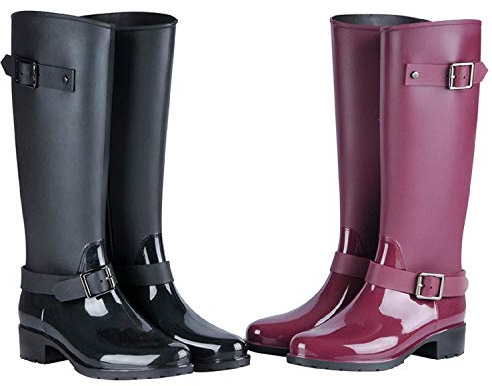 AONEGOLD Botas de Agua Mujer Lluvia Festival Altas Zapato Impermeables Ajustable Cremallera y Hebilla Goma Botas Wellington(Negro,36 EU)