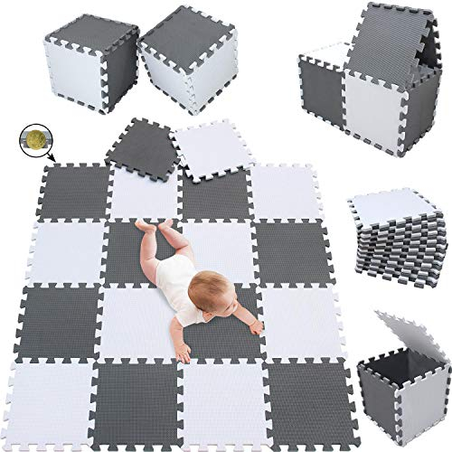 meiqicool Puzzlematte Baby Matte Spielmatte Krabbelmatte Kinder Eva Foam Play Mat 18 teilig, 1,42x1,14m Weiß Grau 0112