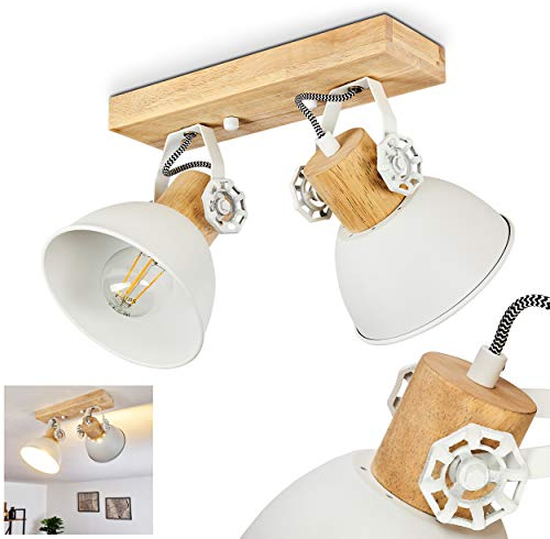 Deckenleuchte Orny, Deckenlampe aus Metall/Holz in weiß/braun, 2-flammig, mit verstellbaren Strahlern, 2 x E27-Fassung, Spot im Retro/Vintage Design, ohne Leuchtmittel