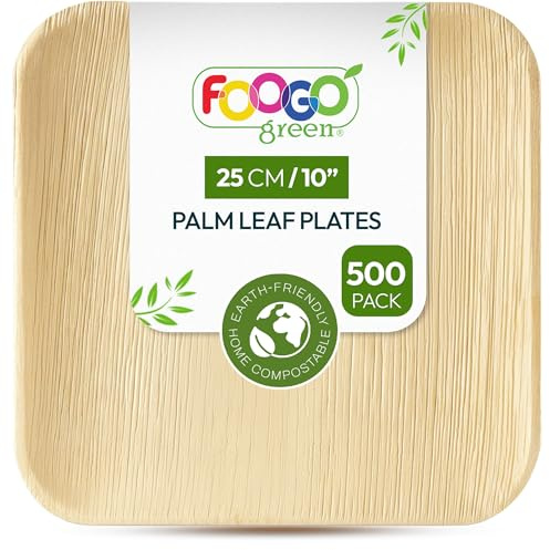 FOOGO Green 500pcs Disposable Palm Leaf Plates, 10(25cm) Large Square | Eco Friendly Biodegradable Compostable Like Wooden, Bamboo, Paper Plates for Hot Food, Picnic Wedding Parties