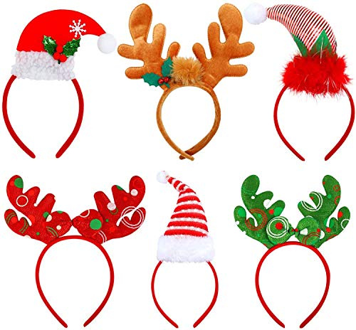 KAHEIGN 6Pcs Christmas Elves Headbands, Reindeer Antlers Headbands Santa Christma Hats for Christmas Party Holiday Party Gift Costume Partys