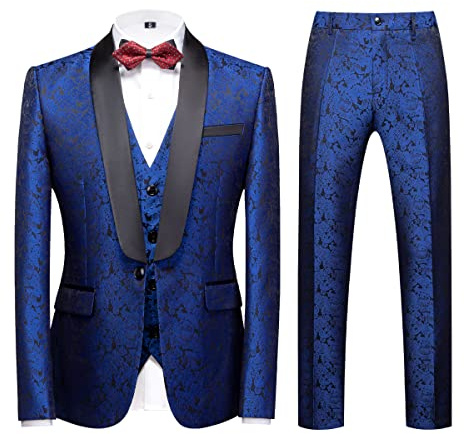 Men's Suits 3 Piece Regular Fit Skinny Paisley Jacquard Tuxedo Suit for Wedding Casual Business Dinner Party Tuxedo Suit Set Blue